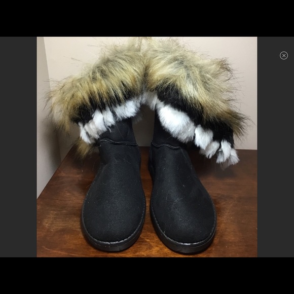 Black faux suede faux furry trim fuzzy boots - Picture 8 of 11